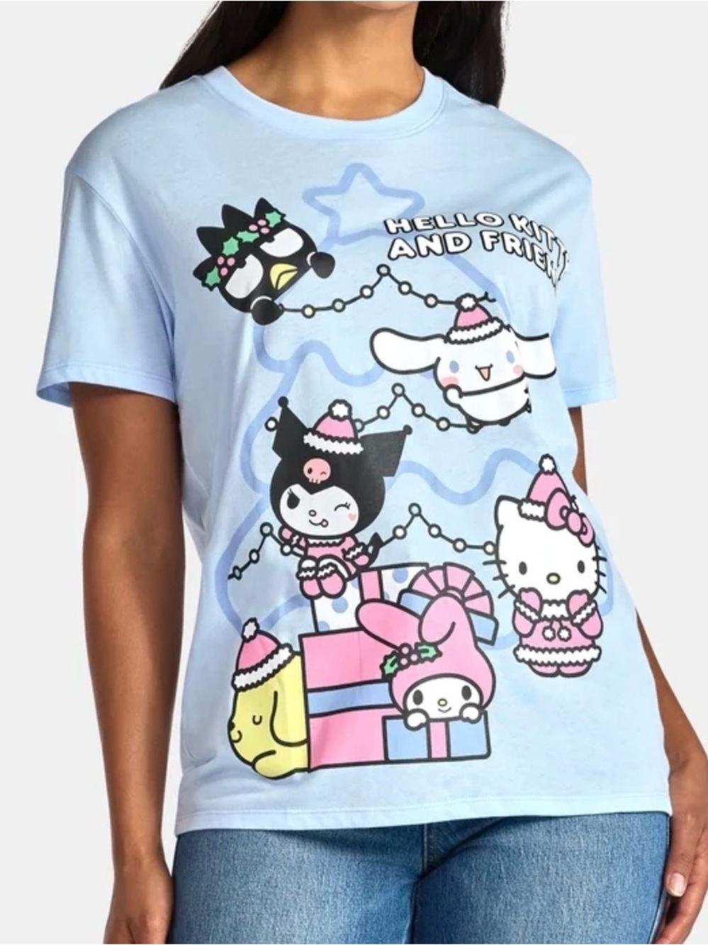 Hello Kitty & Friends Women's Christmas Front Back Graphic Tee with Short Sleeve